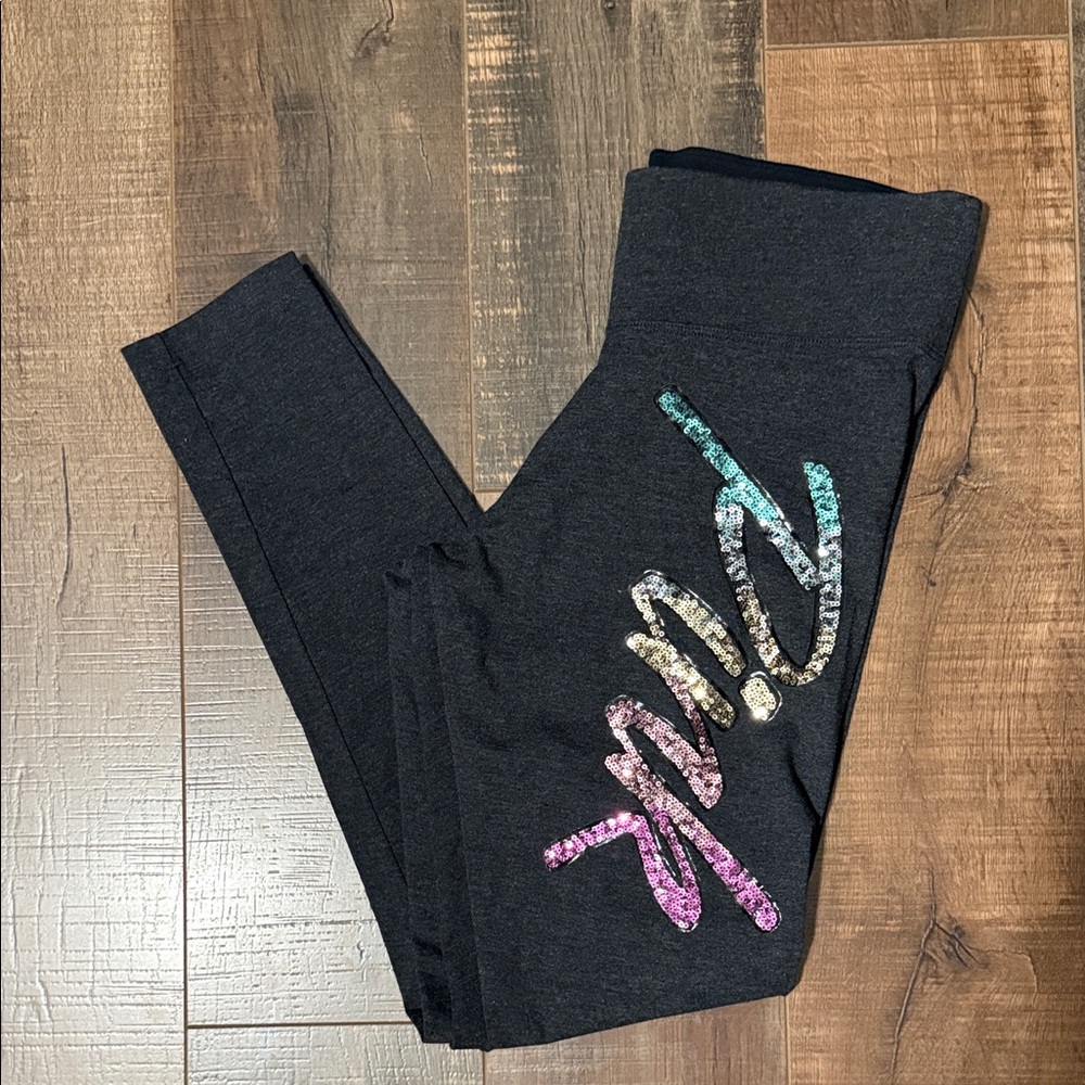 PINK Victoria's Secret Black Leggings with Multicolor Sequin Logo